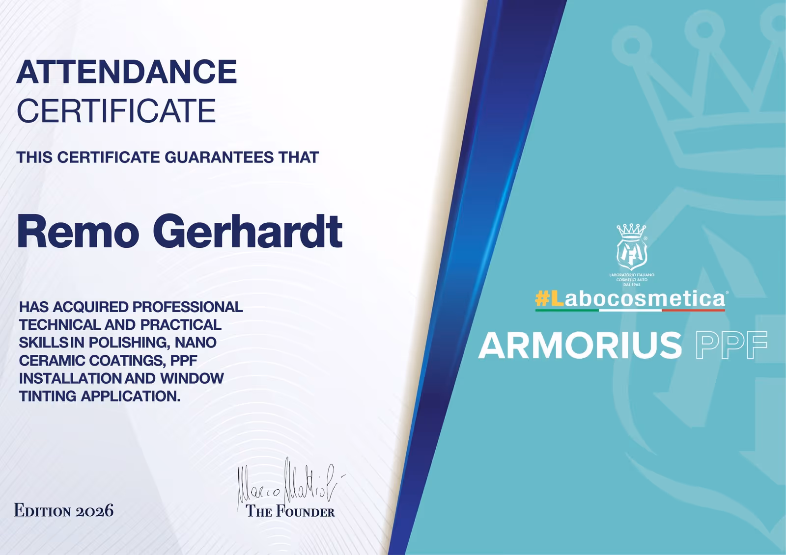Labocosmetica Armorius PPF Zertifikat – Remo Gerhardt
